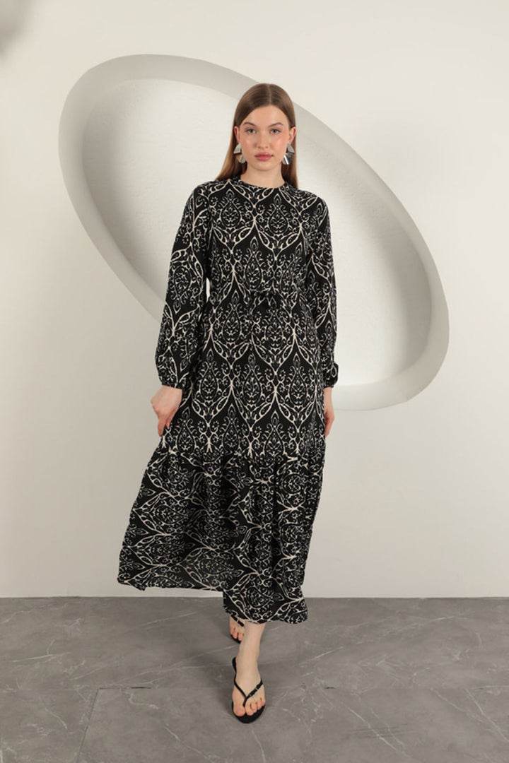 KKT Viscose Fabric Patterned Dress-Black/Ecru - Torrente