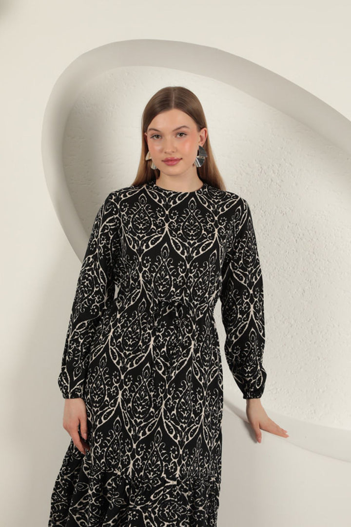 KKT Viscose Fabric Patterned Dress-Black/Ecru - Torrente