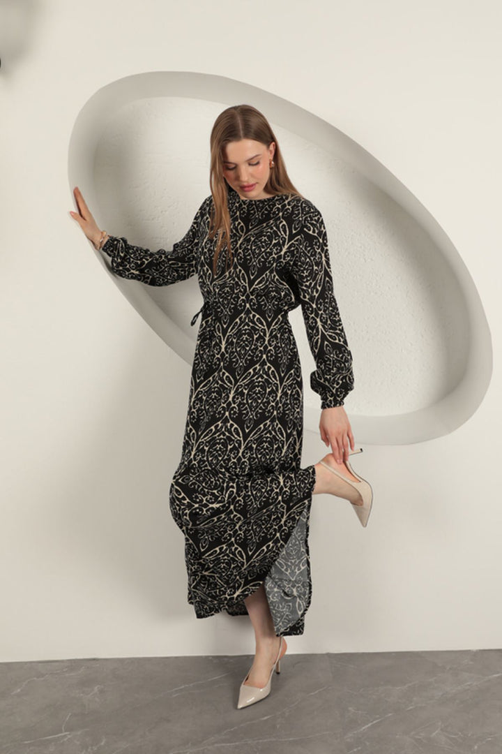 KKT Viscose Fabric Patterned Dress-Black/Beige - Alpharetta