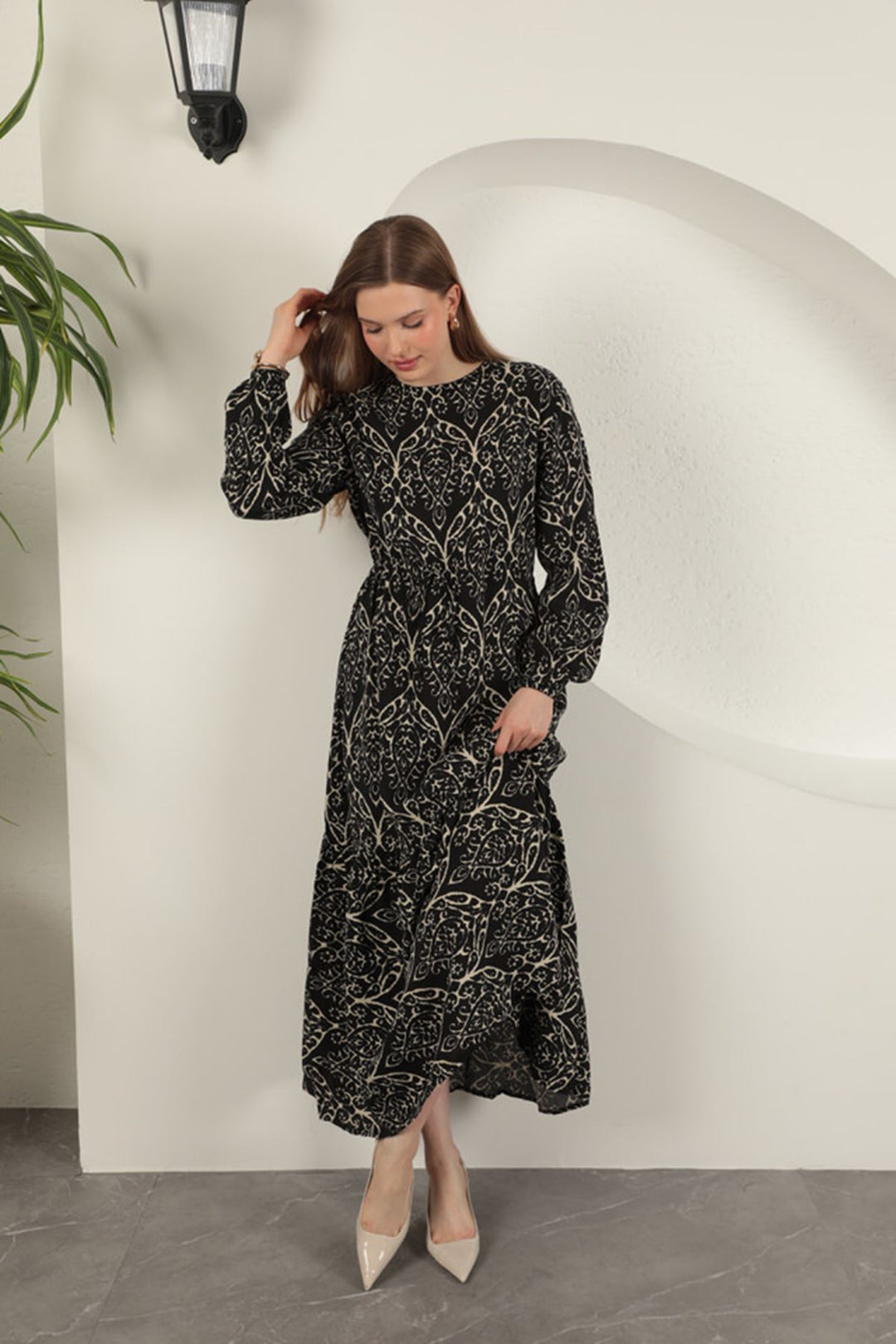 KKT Viscose Fabric Patterned Dress-Black/Beige - Alpharetta