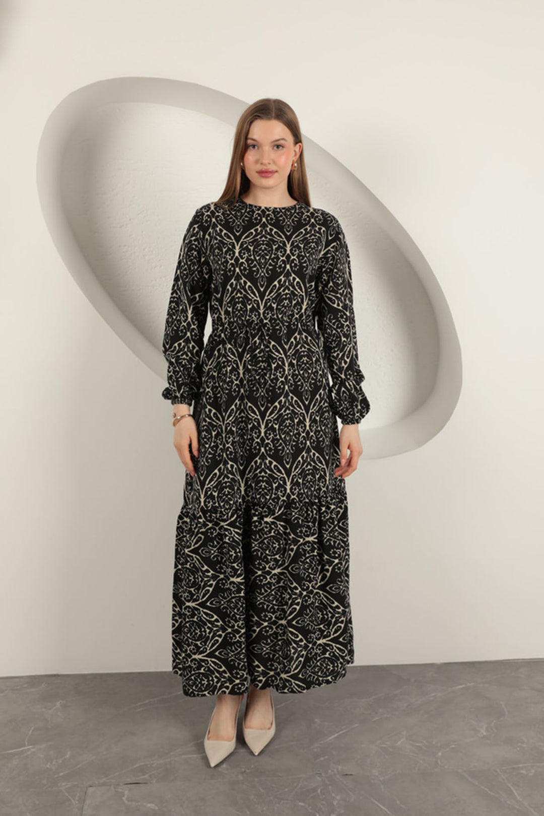 KKT Viscose Fabric Patterned Dress-Black/Beige - Alpharetta