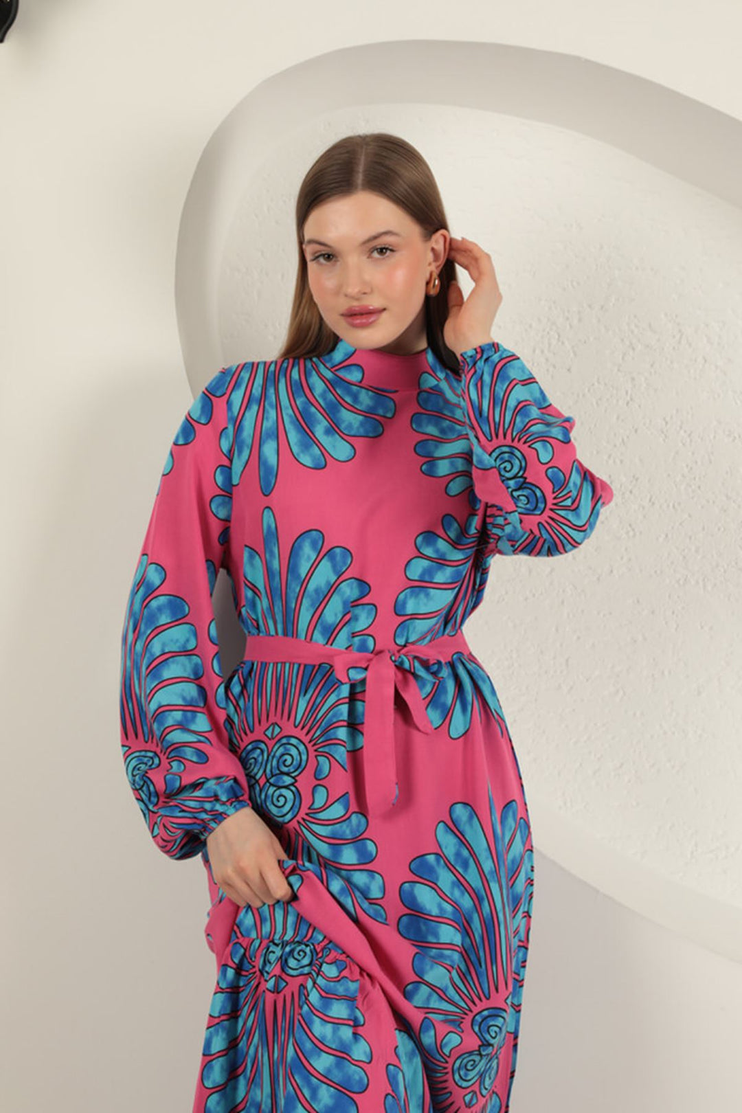 KKT Viscose Fabric Elastic Sleeve Dress-Fuchsia - Bellevue
