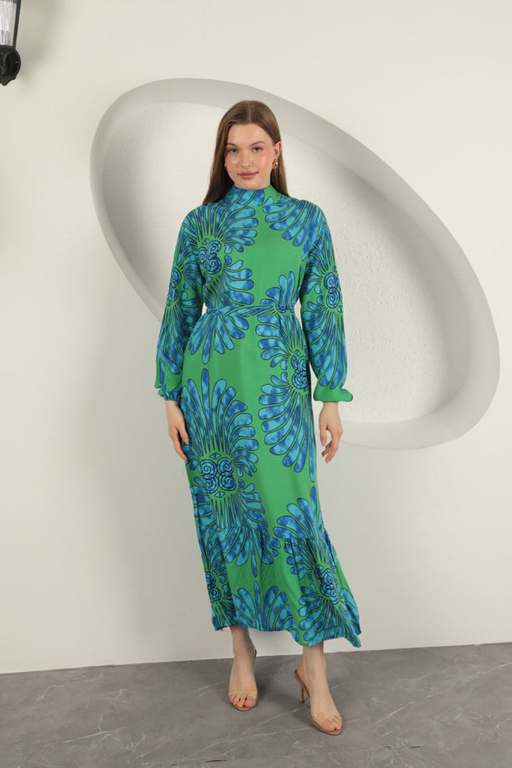 KKT Viscose Fabric Elastic Sleeve Dress-Green - Konotop