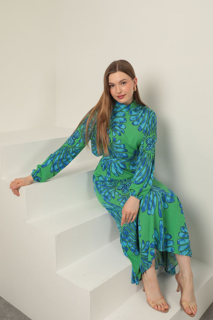KKT Viscose Fabric Elastic Sleeve Dress-Green - Konotop