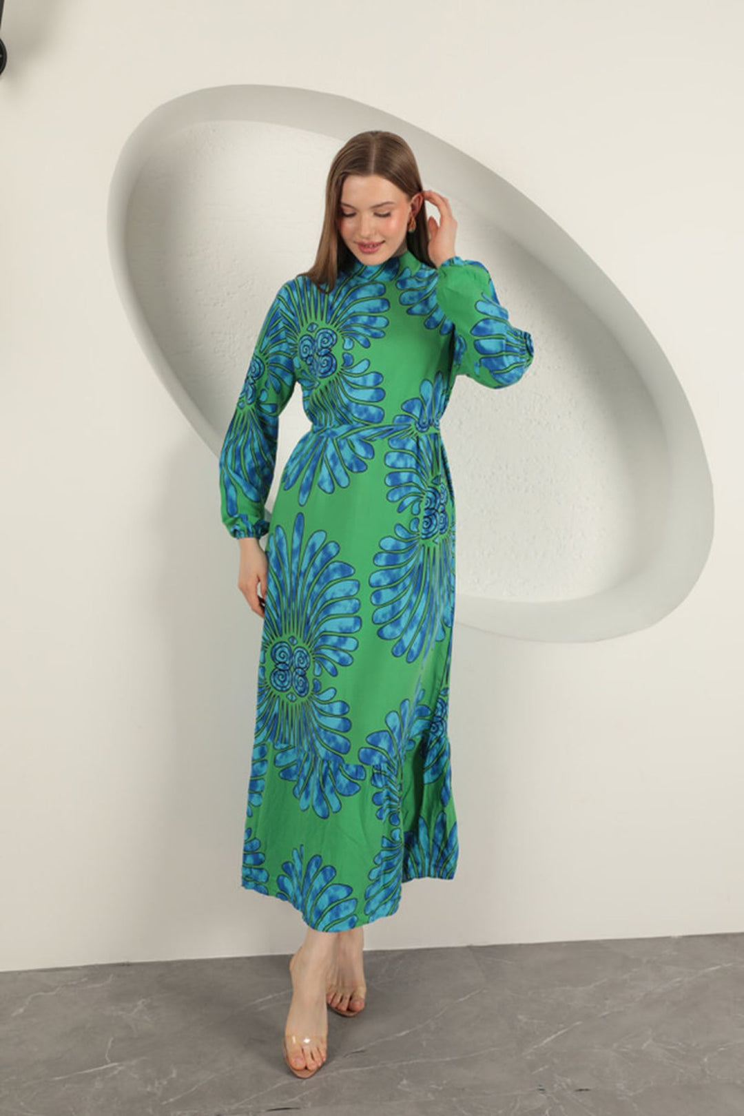 KKT Viscose Fabric Elastic Sleeve Dress-Green - Konotop