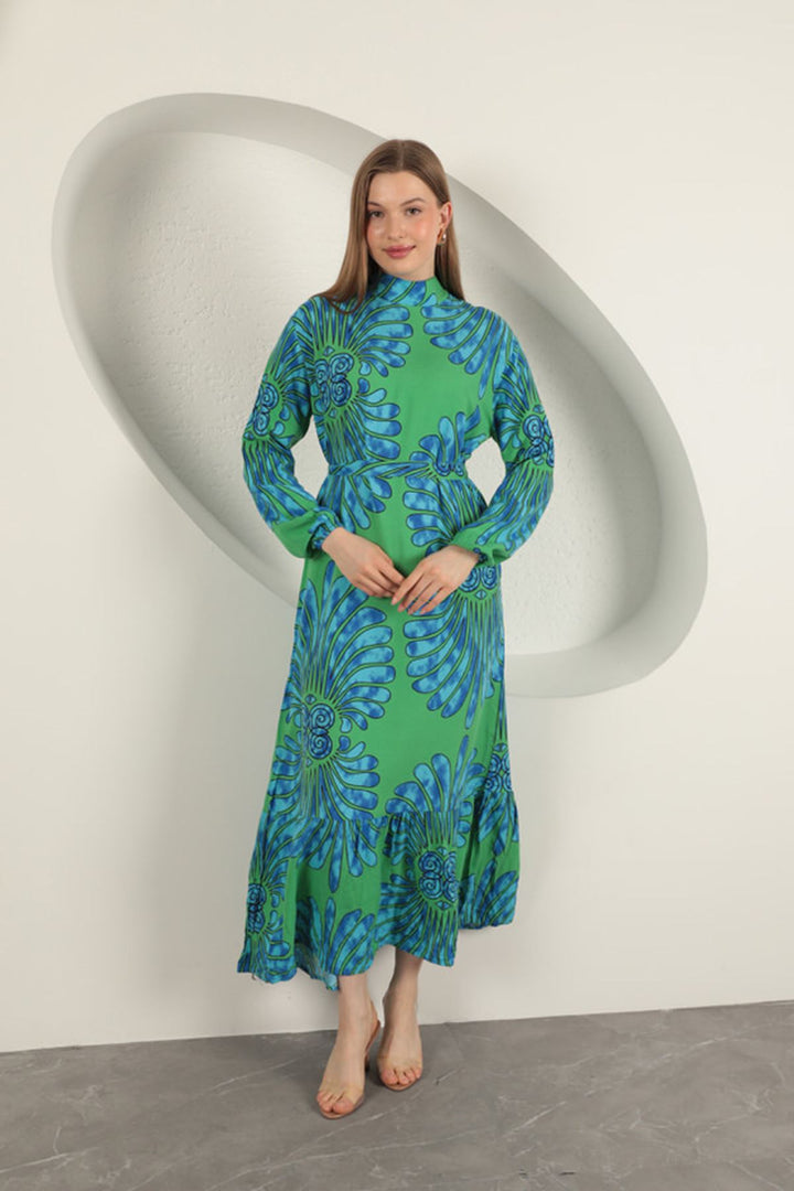 KKT Viscose Fabric Elastic Sleeve Dress-Green - Konotop