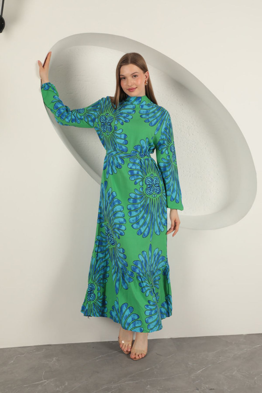 KKT Viscose Fabric Elastic Sleeve Dress-Green - Konotop