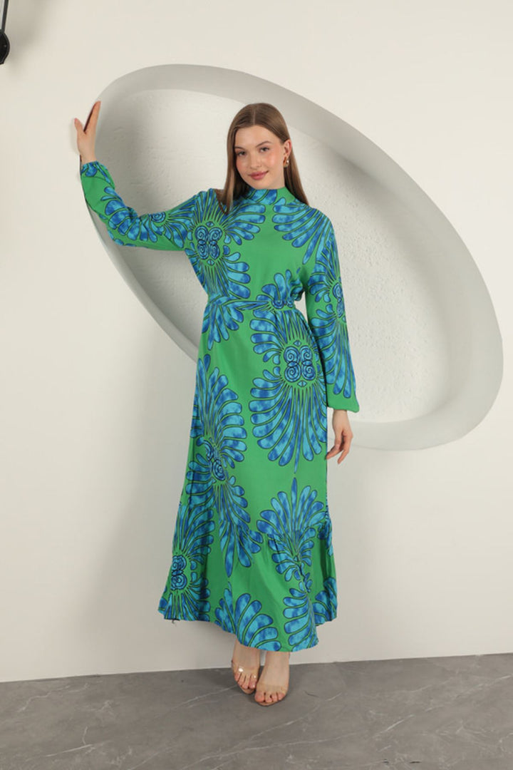 KKT Viscose Fabric Elastic Sleeve Dress-Green - Konotop