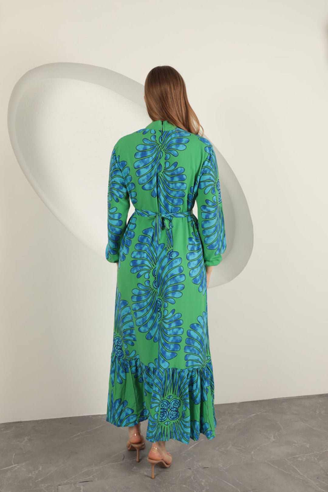 KKT Viscose Fabric Elastic Sleeve Dress-Green - Konotop
