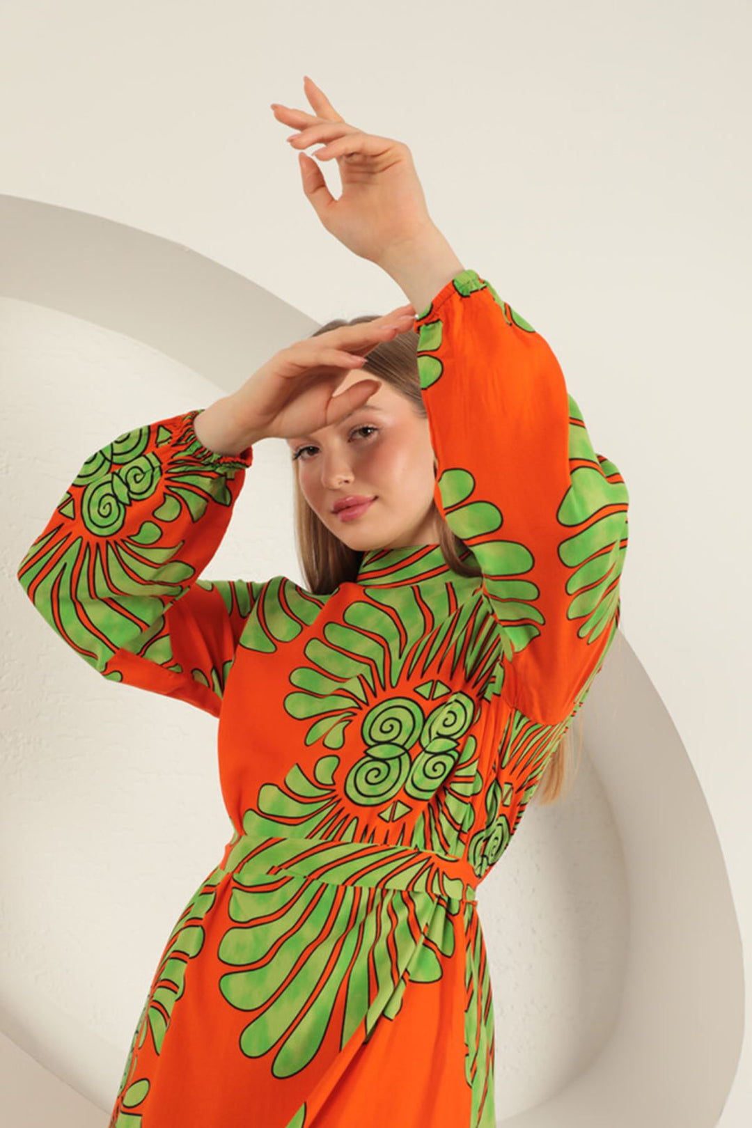 KKT Viscose Fabric Elastic Sleeve Dress-Orange - Pokrovsk