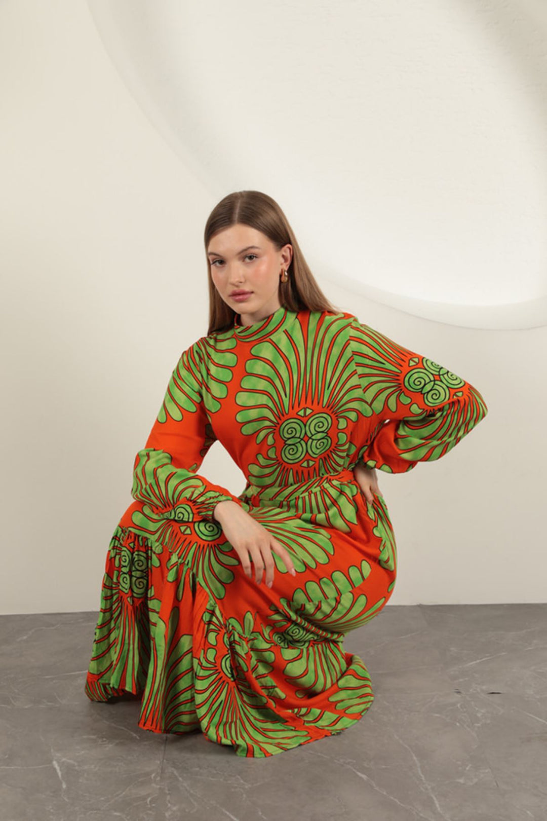 KKT Viscose Fabric Elastic Sleeve Dress-Orange - Pokrovsk