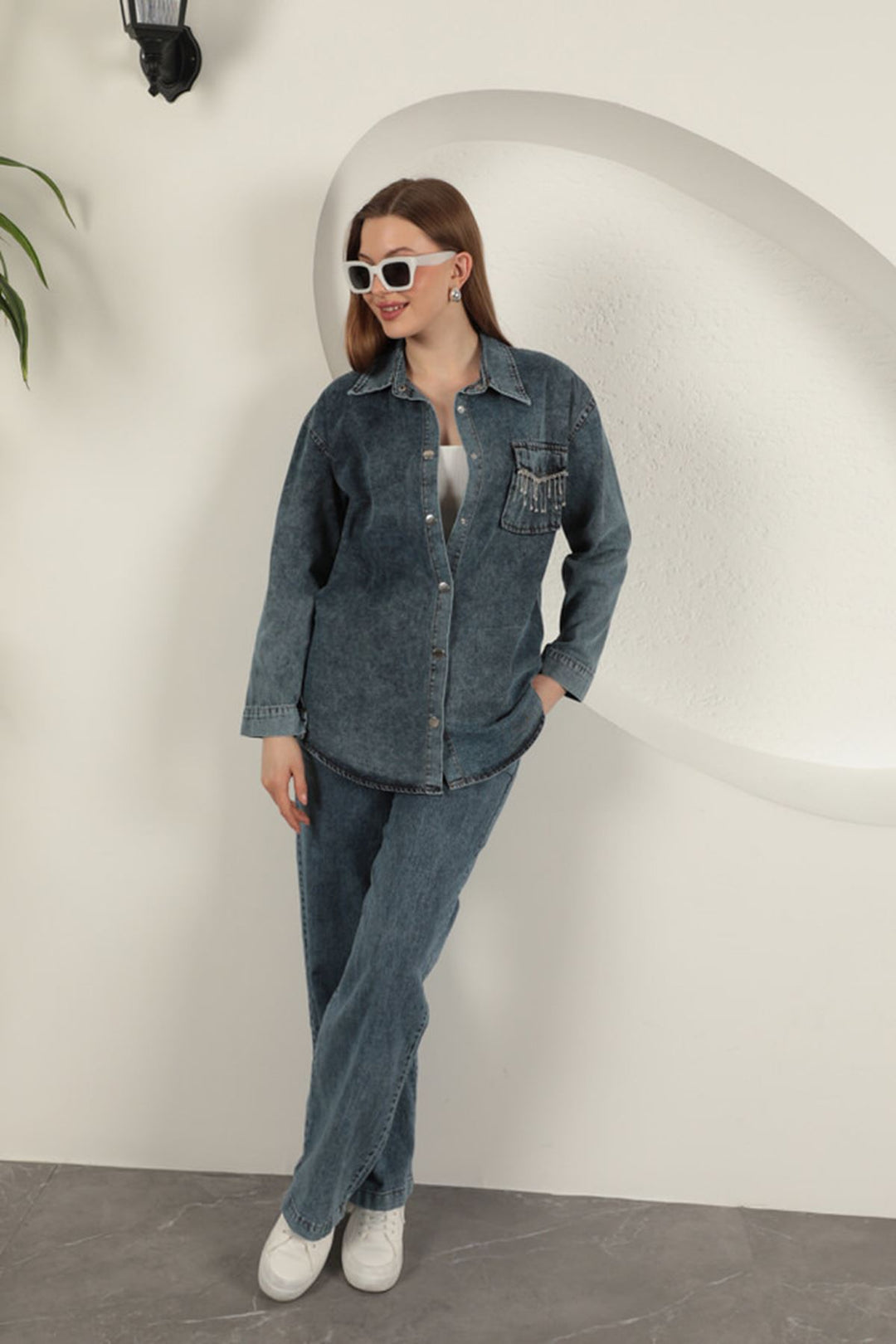 KKT Denim Fabric Pocket Stone Detailed Blue Women's Shirt - DeKalb