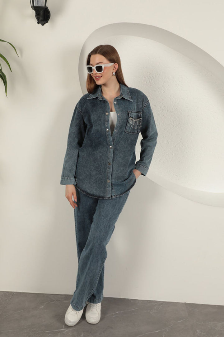KKT Denim Fabric Pocket Stone Detailed Blue Women's Shirt - DeKalb