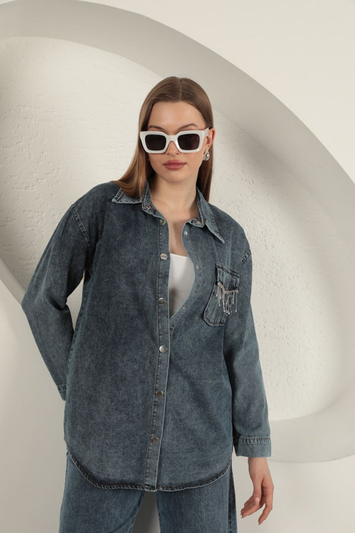 KKT Denim Fabric Pocket Stone Detailed Blue Women's Shirt - DeKalb