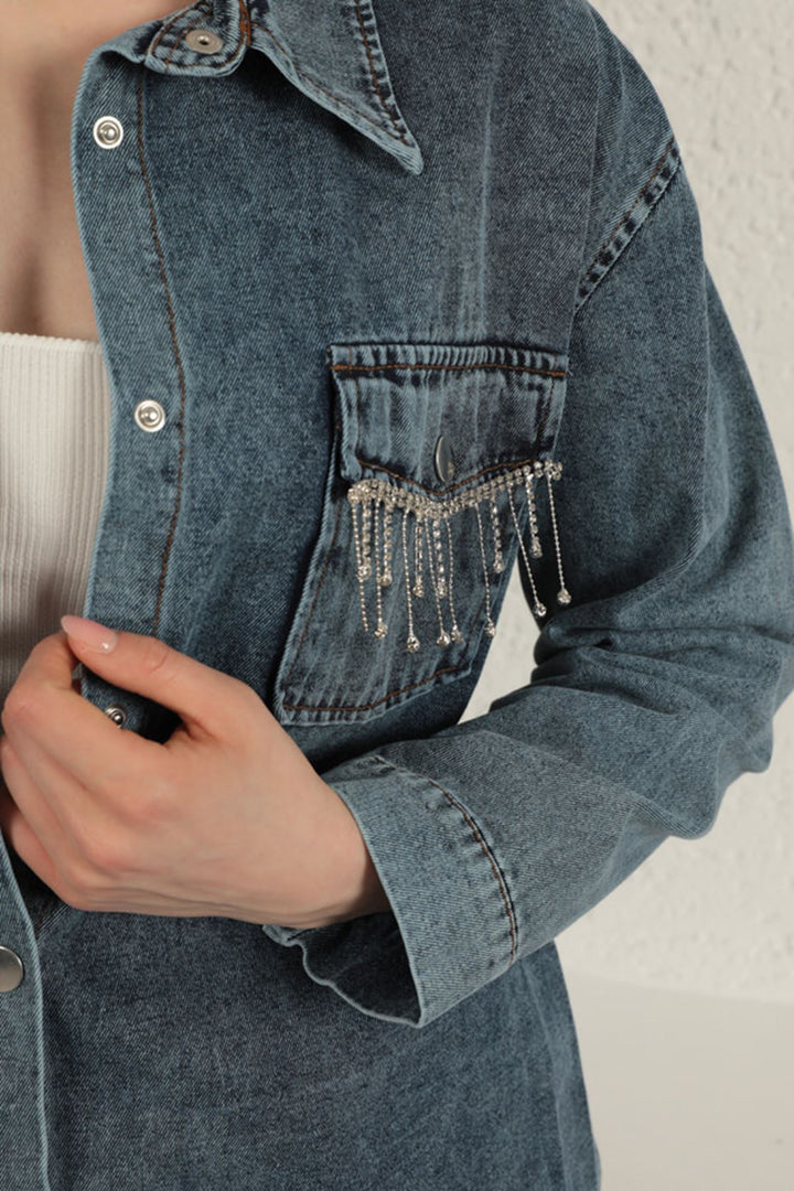 KKT Denim Fabric Pocket Stone Detailed Blue Women's Shirt - DeKalb