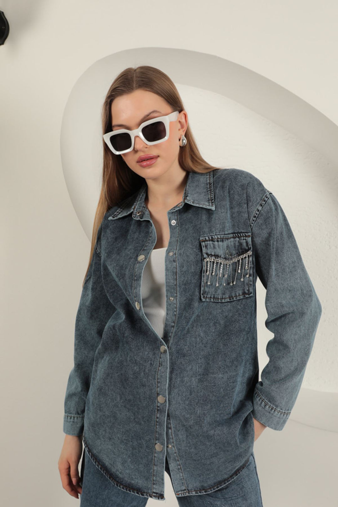 KKT Denim Fabric Pocket Stone Detailed Blue Women's Shirt - DeKalb