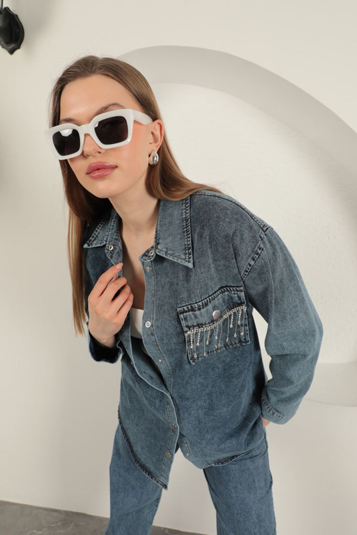 KKT Denim Fabric Pocket Stone Detailed Blue Women's Shirt - DeKalb