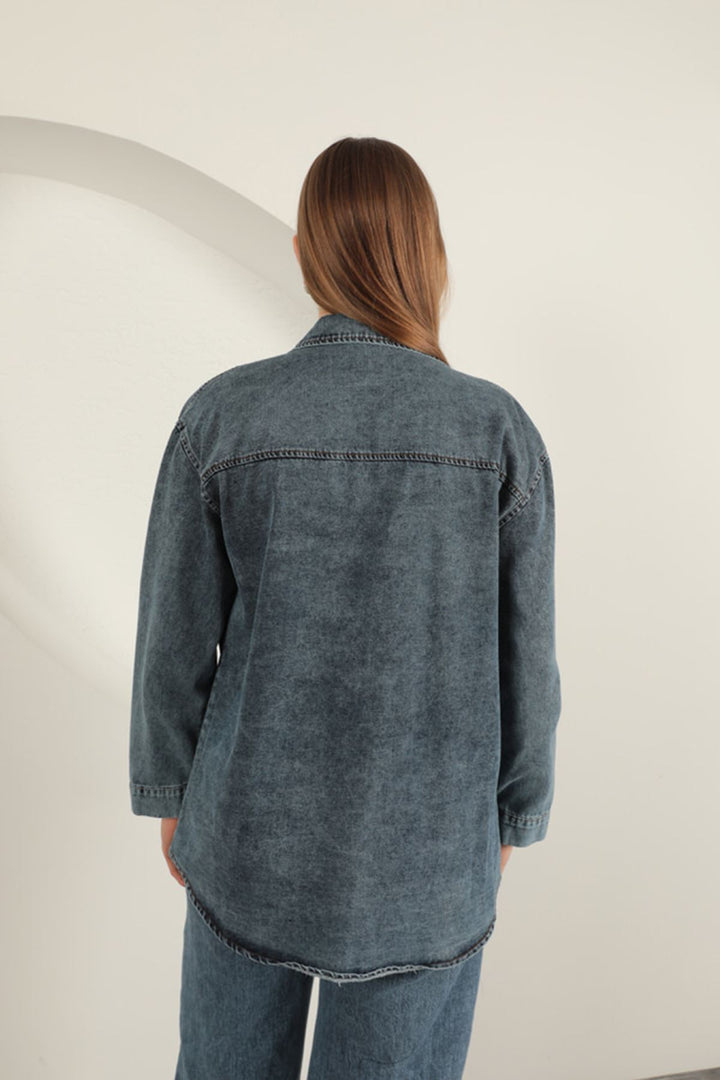 KKT Denim Fabric Pocket Stone Detailed Blue Women's Shirt - DeKalb