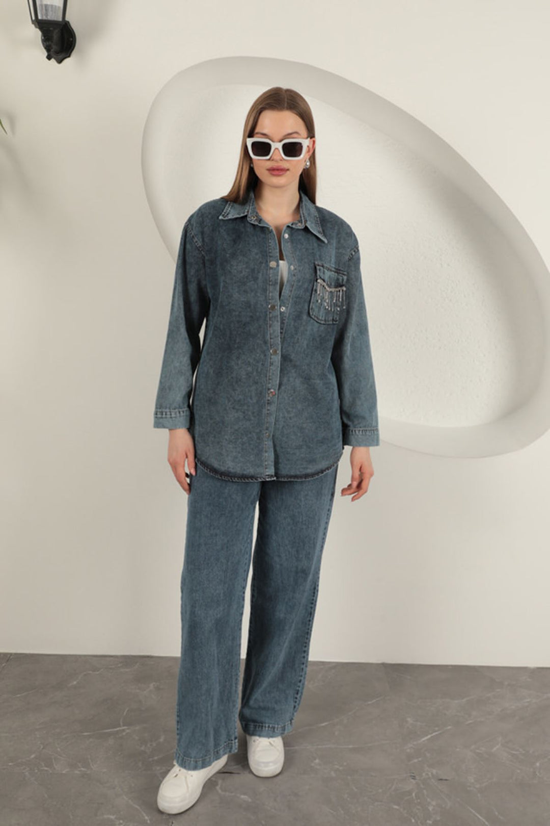 KKT Denim Fabric Pocket Stone Detailed Blue Women's Shirt - DeKalb