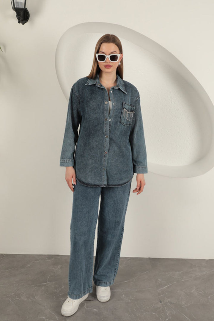 KKT Denim Fabric Pocket Stone Detailed Blue Women's Shirt - DeKalb