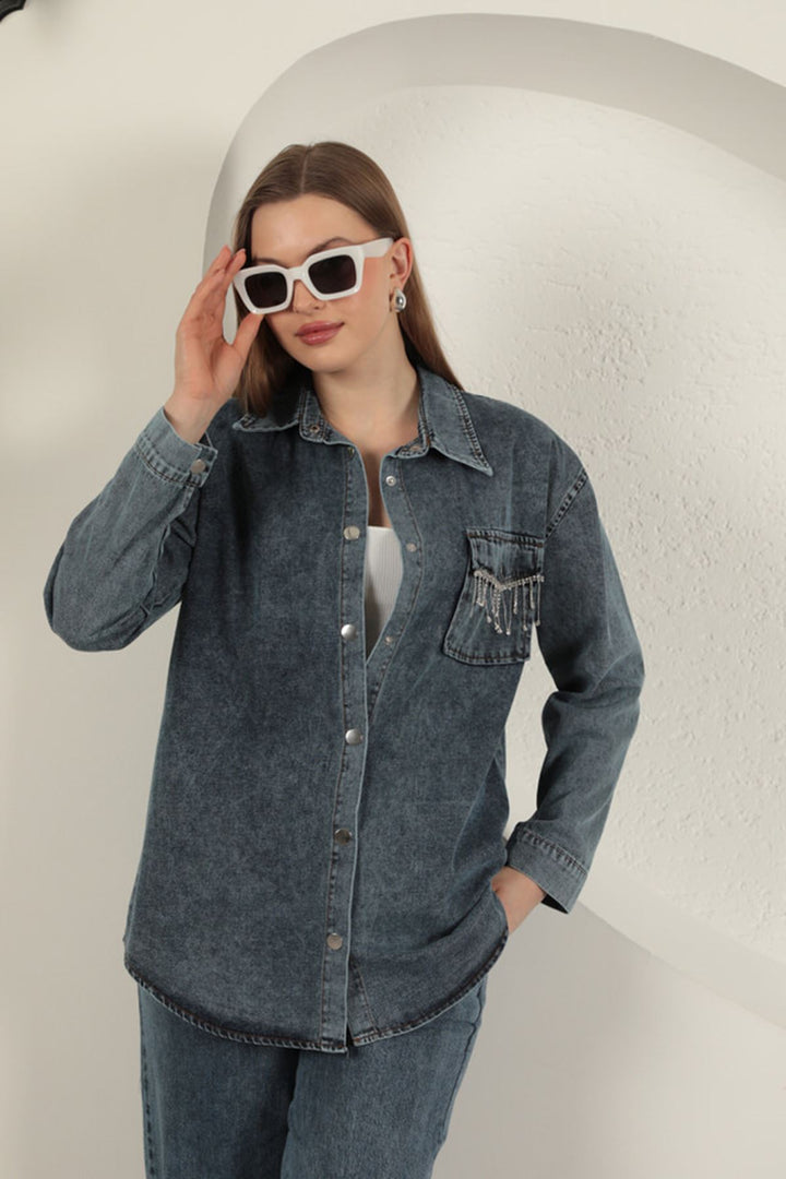KKT Denim Fabric Pocket Stone Detailed Blue Women's Shirt - DeKalb