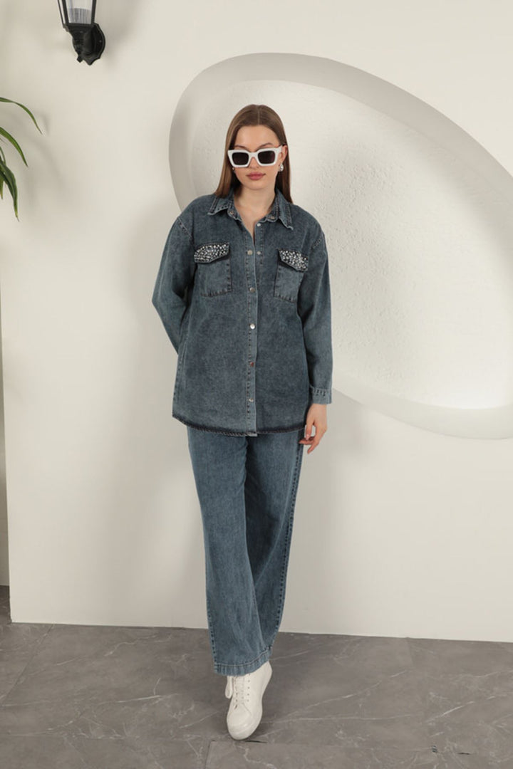 KKT Denim Fabric Pocket Pearl Detailed Blue Women's Shirt - Créteil