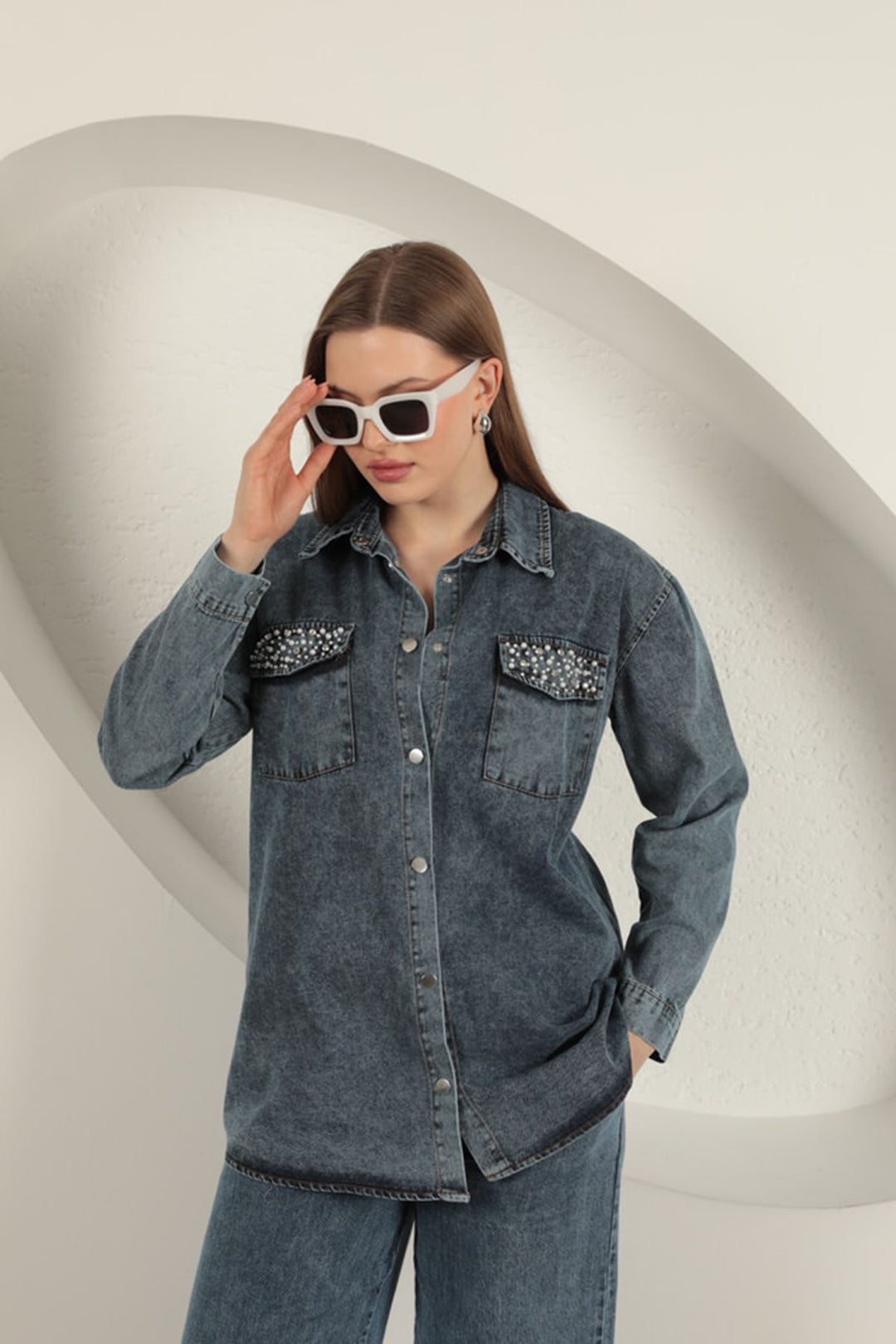 KKT Denim Fabric Pocket Pearl Detailed Blue Women's Shirt - Créteil