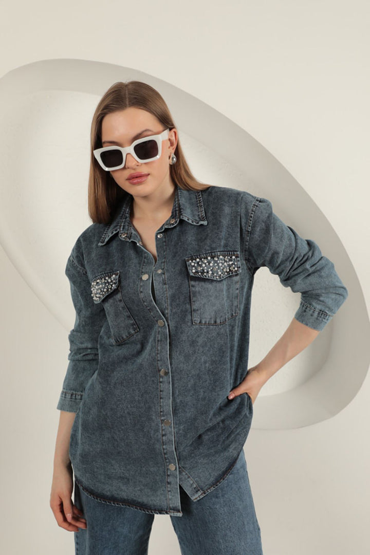 KKT Denim Fabric Pocket Pearl Detailed Blue Women's Shirt - Créteil