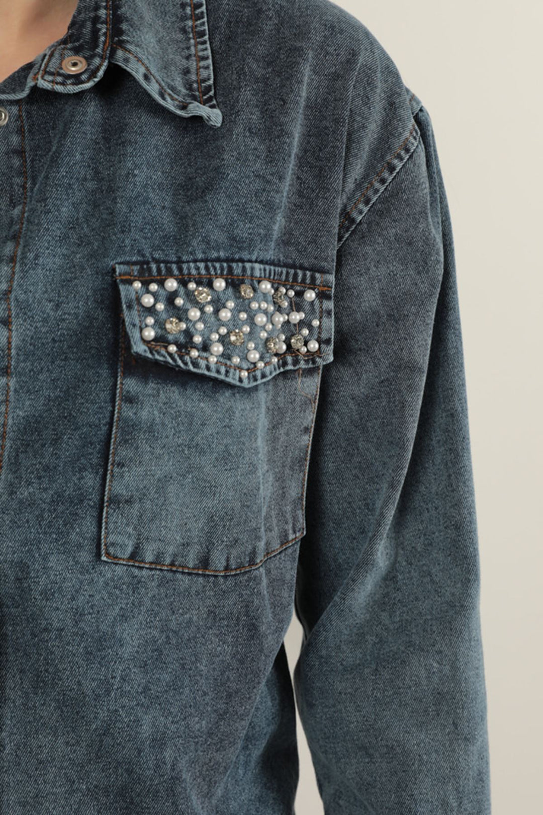 KKT Denim Fabric Pocket Pearl Detailed Blue Women's Shirt - Créteil