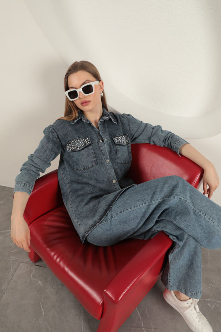 KKT Denim Fabric Pocket Pearl Detailed Blue Women's Shirt - Créteil