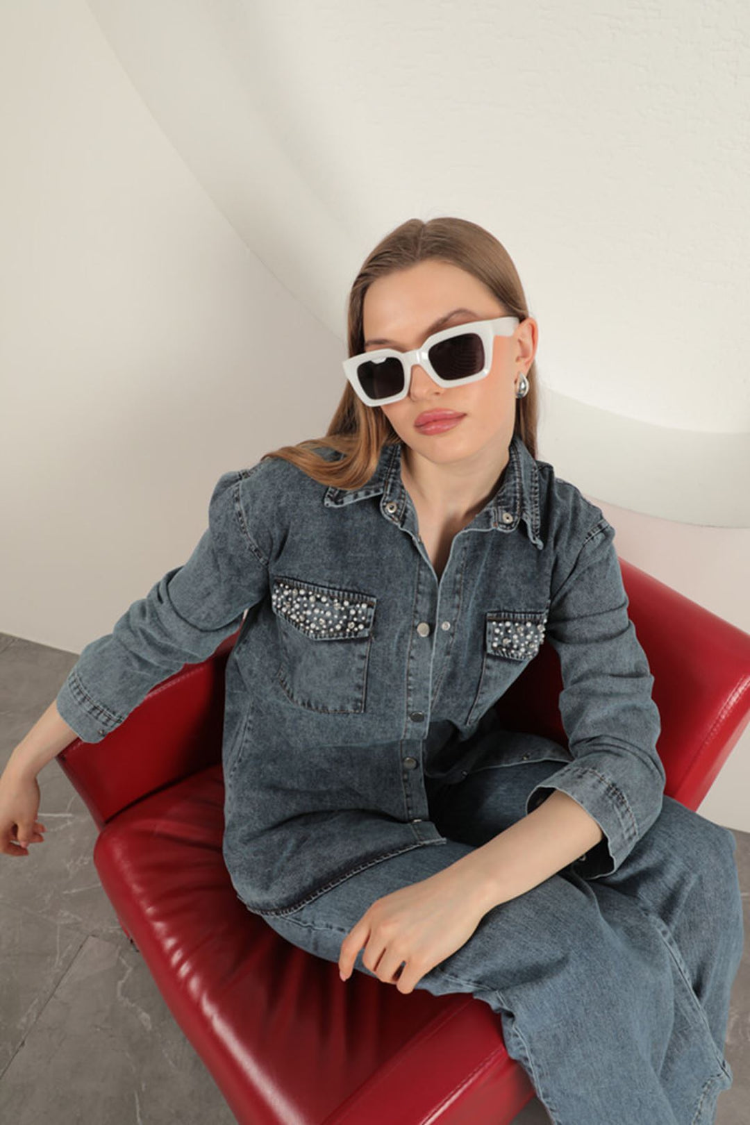 KKT Denim Fabric Pocket Pearl Detailed Blue Women's Shirt - Créteil
