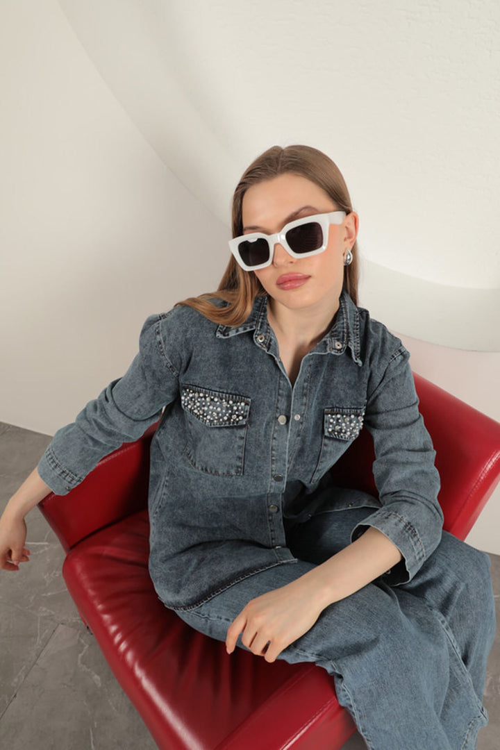 KKT Denim Fabric Pocket Pearl Detailed Blue Women's Shirt - Créteil