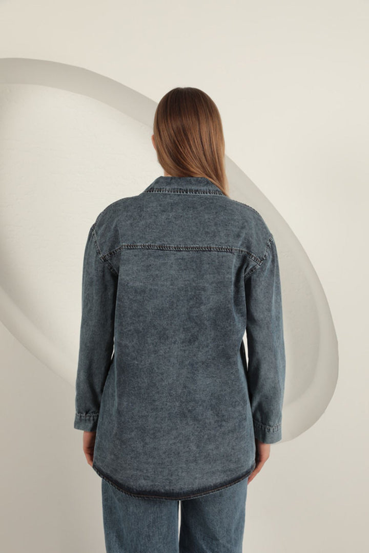KKT Denim Fabric Pocket Pearl Detailed Blue Women's Shirt - Créteil