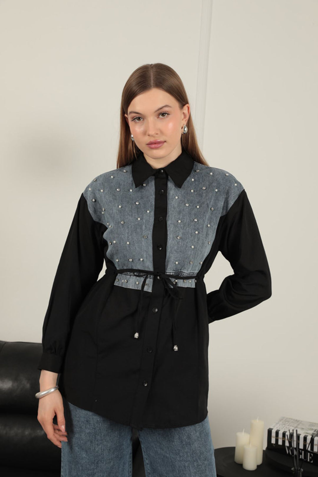 KKT Poplin Fabric Front Pearl Detailed Black Women's Shirt - Fort Pierce