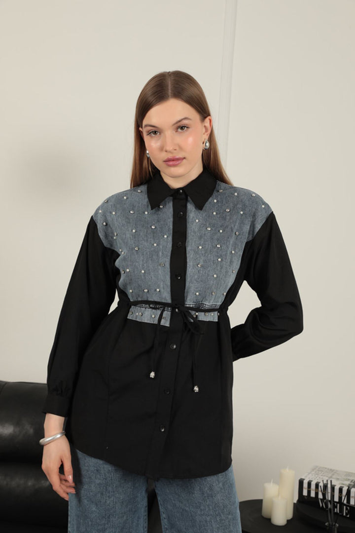 KKT Poplin Fabric Front Pearl Detailed Black Women's Shirt - Fort Pierce