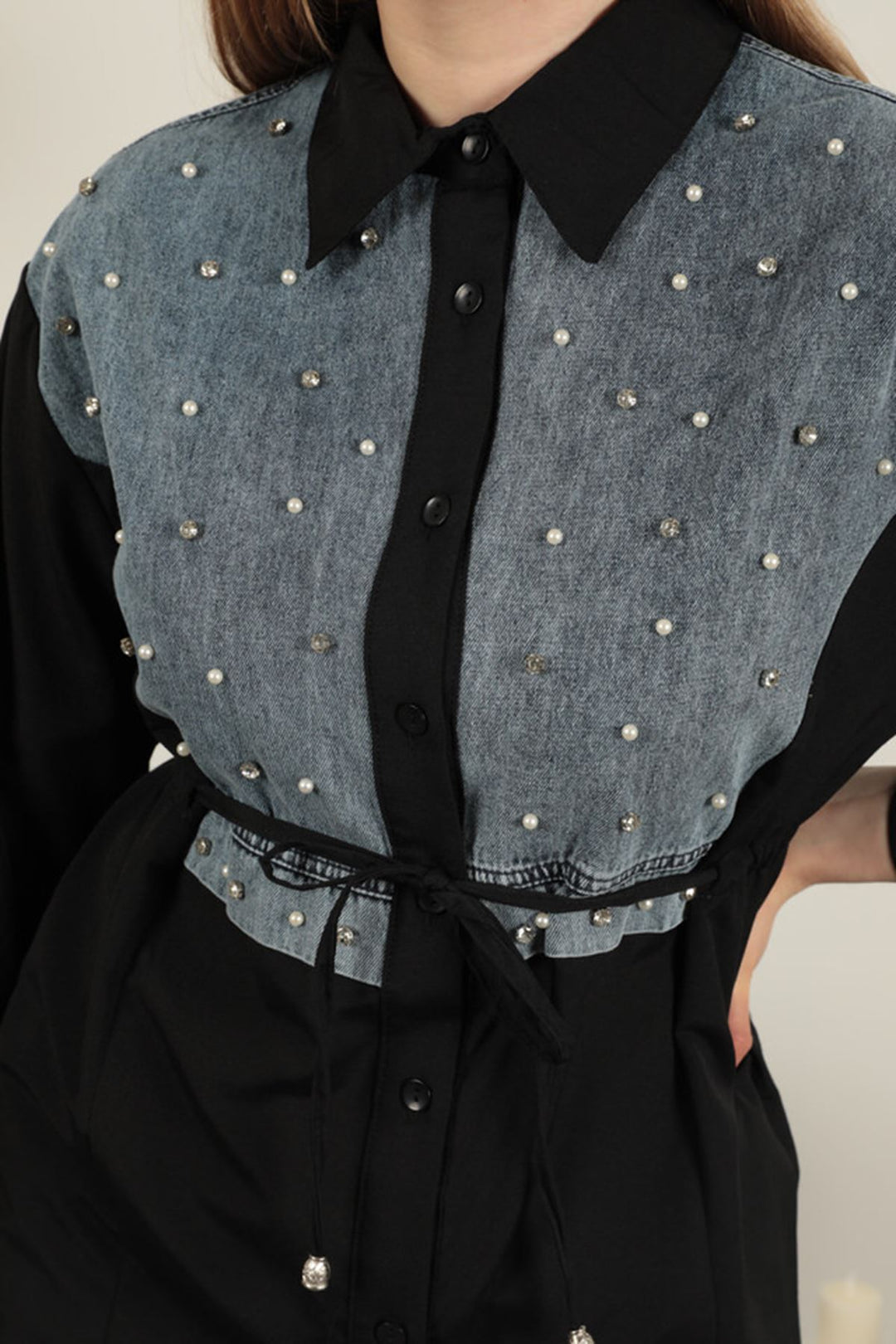 KKT Poplin Fabric Front Pearl Detailed Black Women's Shirt - Fort Pierce
