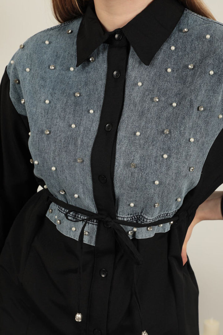 KKT Poplin Fabric Front Pearl Detailed Black Women's Shirt - Fort Pierce