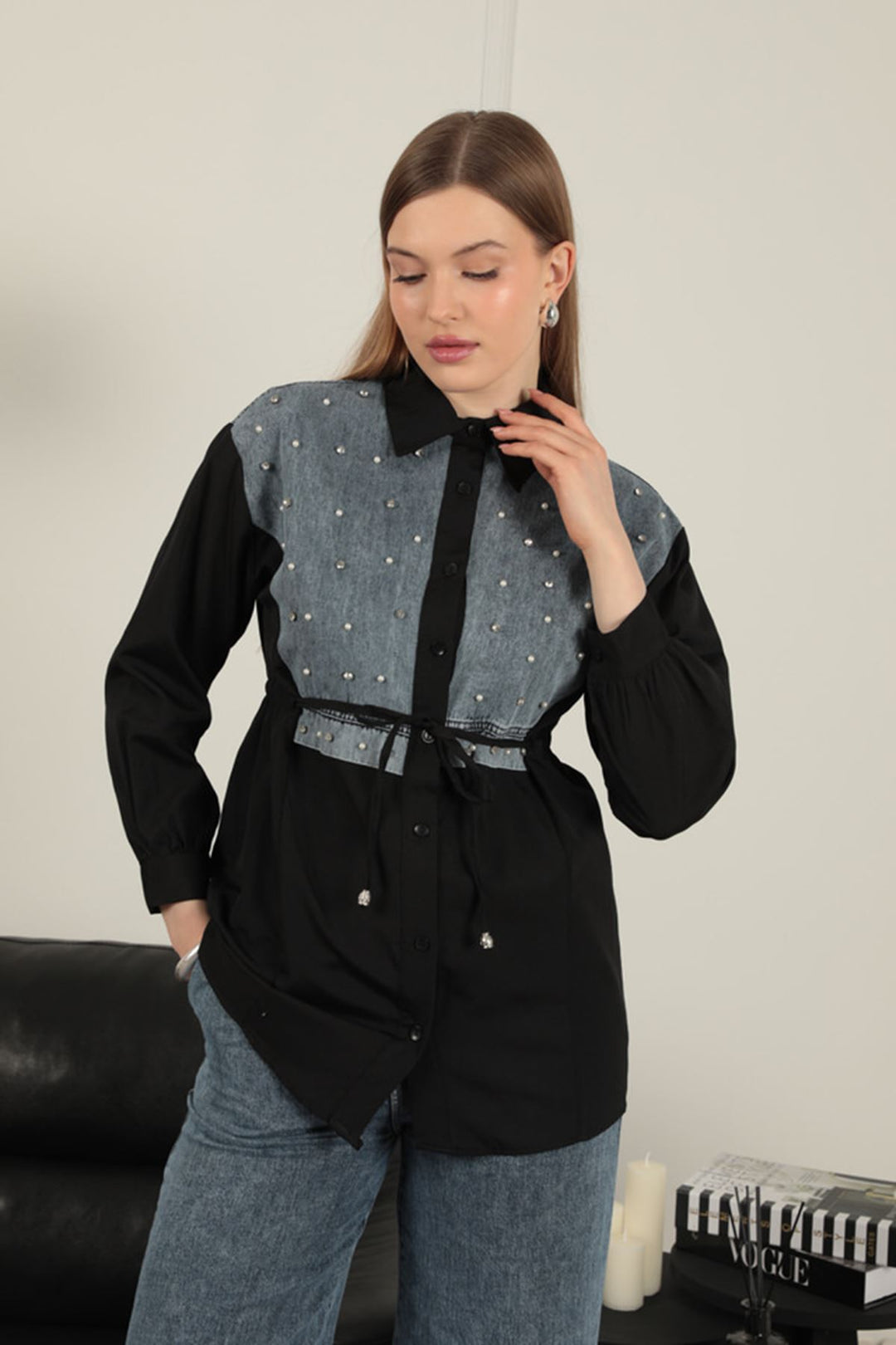 KKT Poplin Fabric Front Pearl Detailed Black Women's Shirt - Fort Pierce