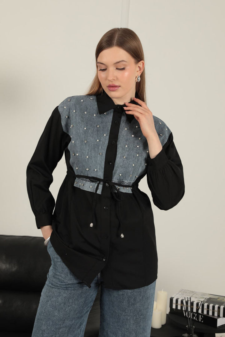 KKT Poplin Fabric Front Pearl Detailed Black Women's Shirt - Fort Pierce