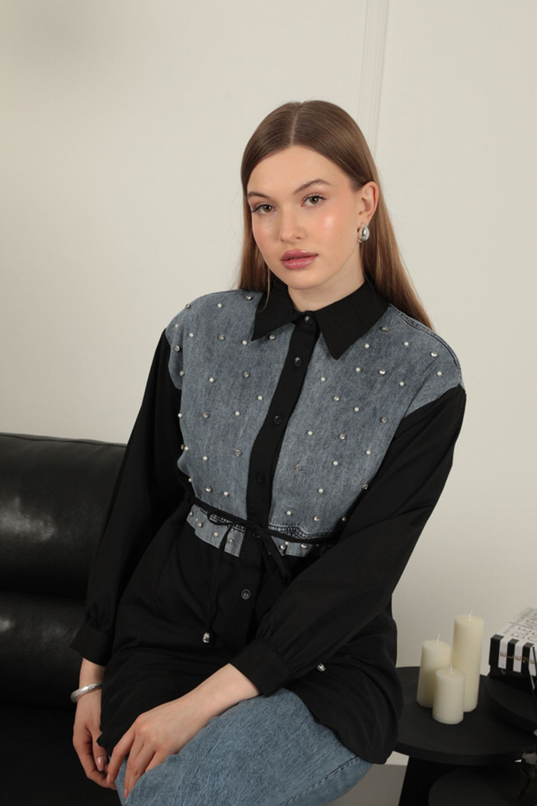 KKT Poplin Fabric Front Pearl Detailed Black Women's Shirt - Fort Pierce