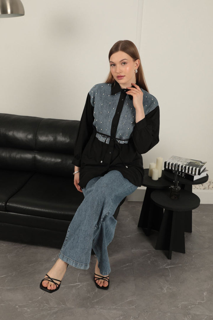 KKT Poplin Fabric Front Pearl Detailed Black Women's Shirt - Fort Pierce