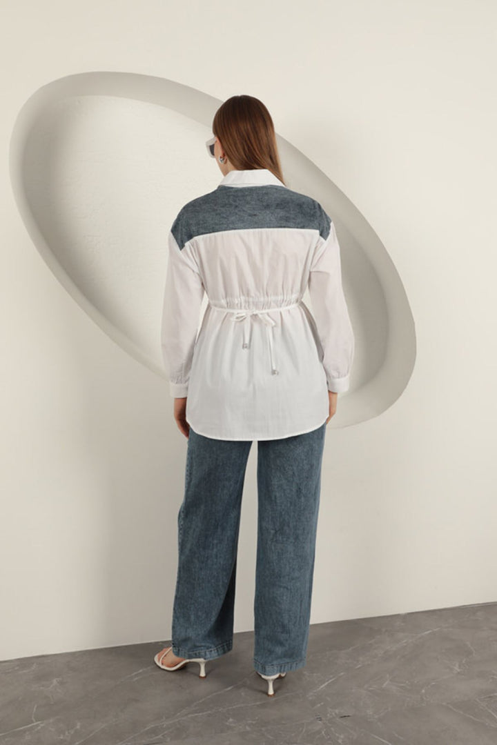 KKT Poplin Fabric Pearl Detailed White Women's Shirt - Poti