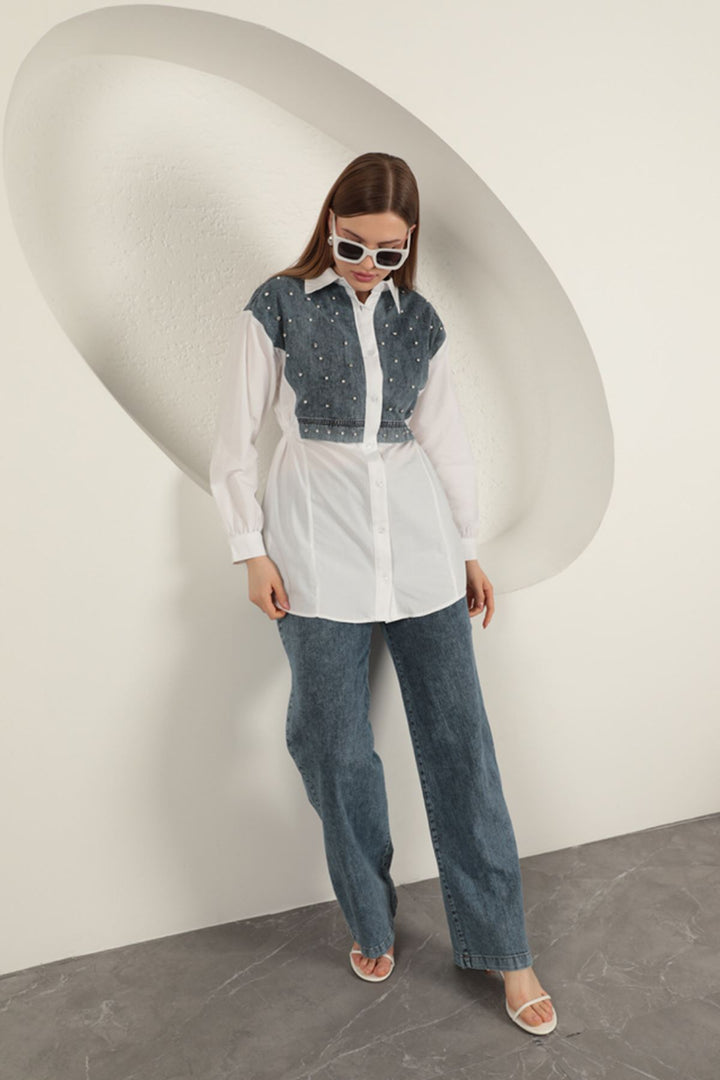 KKT Poplin Fabric Pearl Detailed White Women's Shirt - Poti