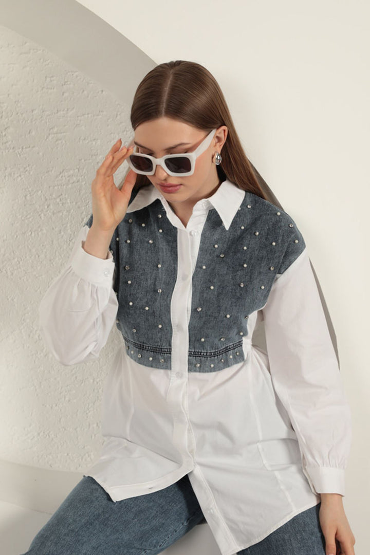 KKT Poplin Fabric Pearl Detailed White Women's Shirt - Poti