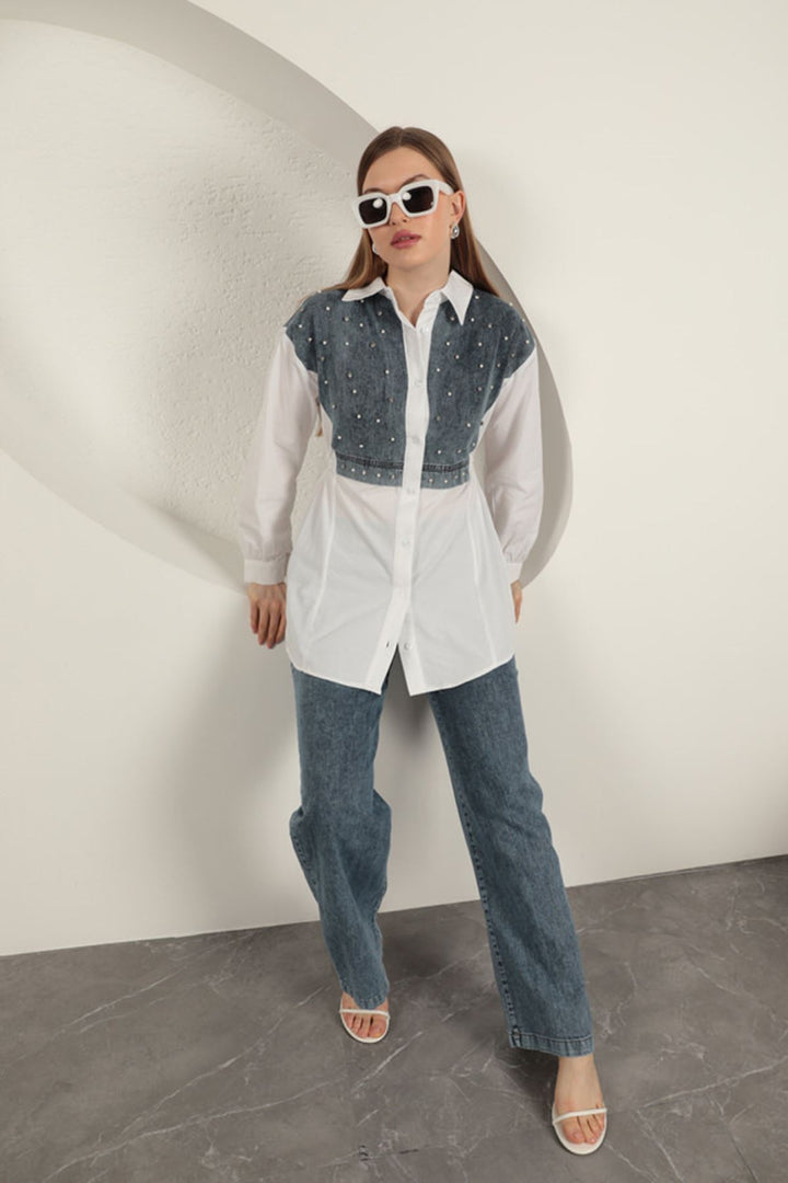 KKT Poplin Fabric Pearl Detailed White Women's Shirt - Poti