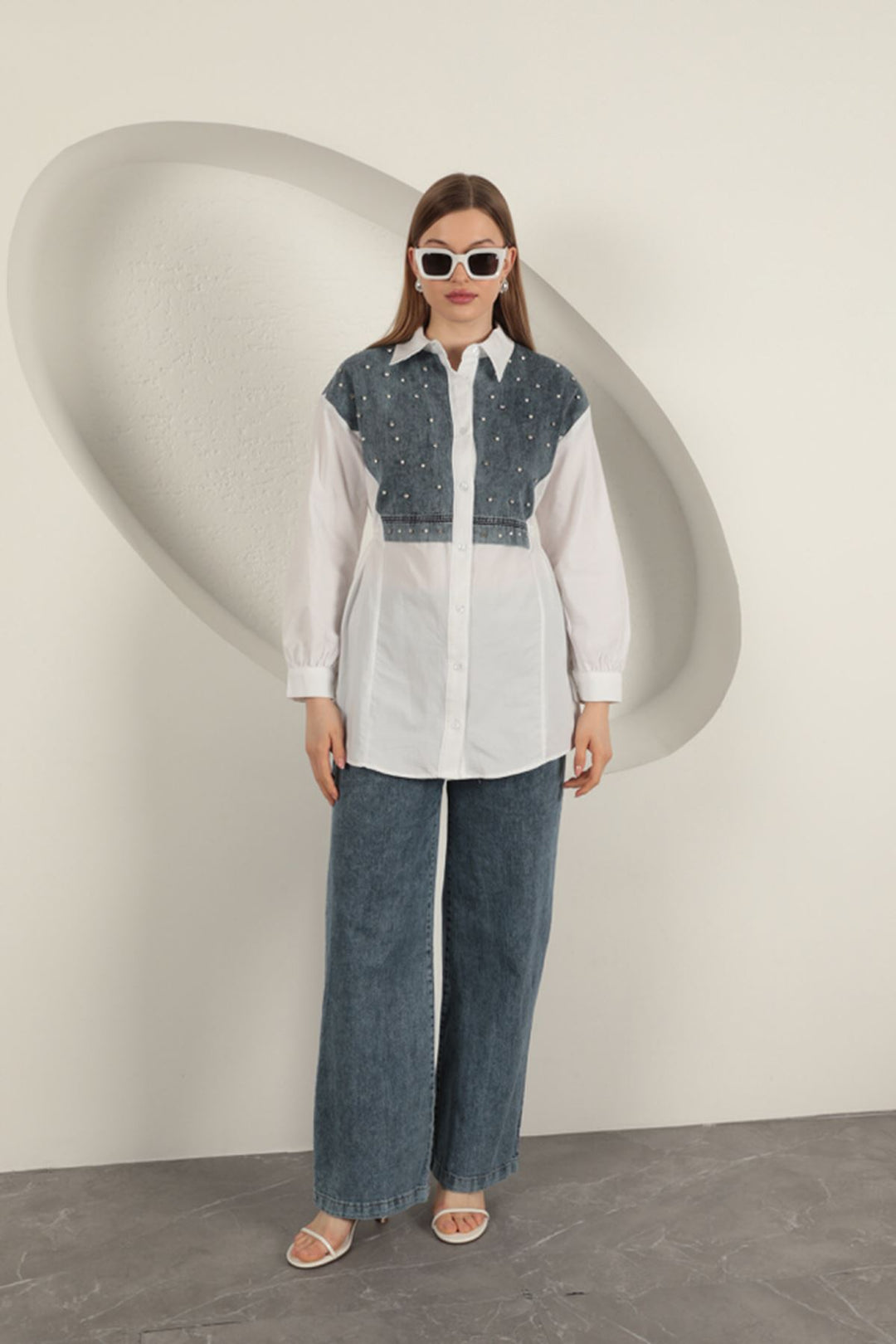 KKT Poplin Fabric Pearl Detailed White Women's Shirt - Poti