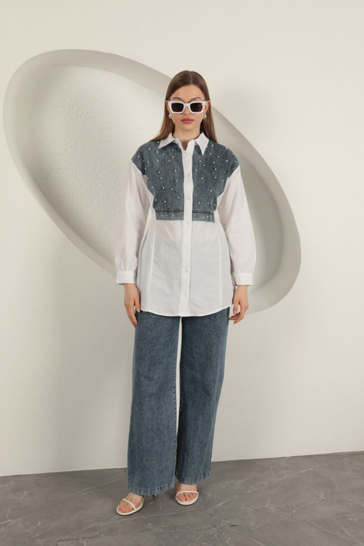 KKT Poplin Fabric Pearl Detailed White Women's Shirt - Poti