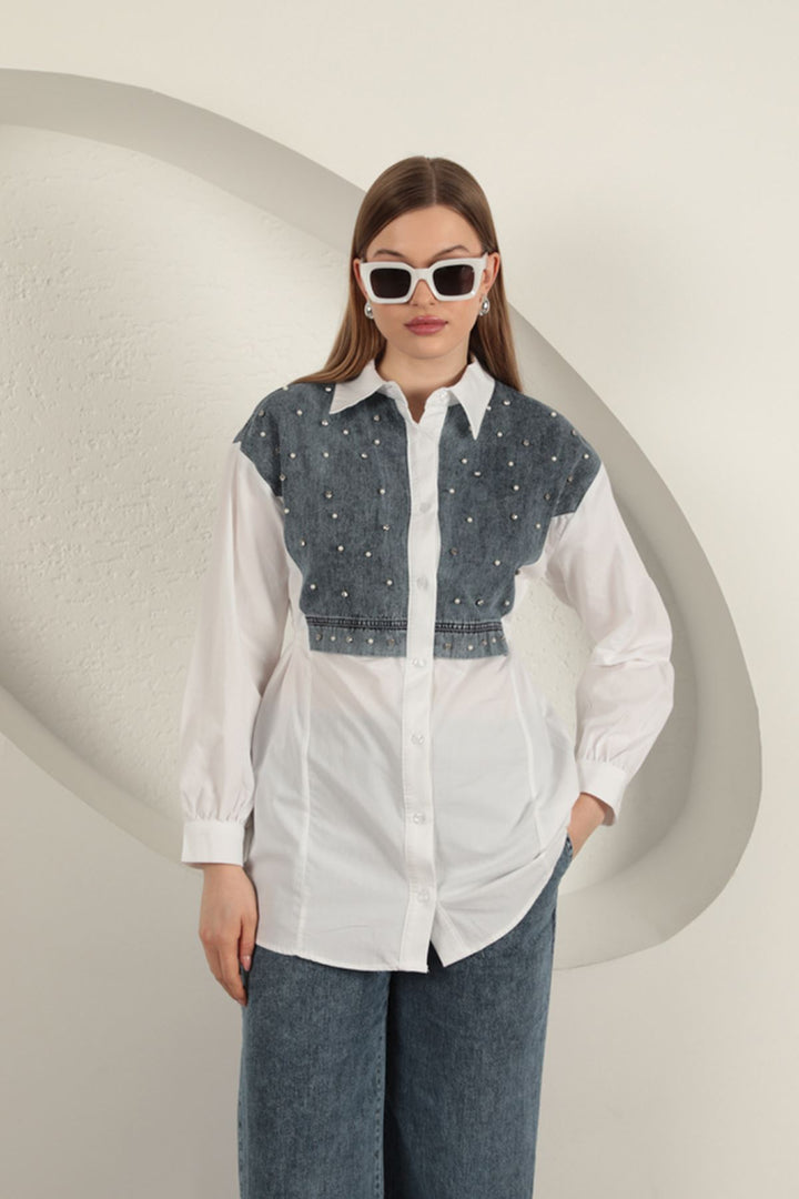 KKT Poplin Fabric Pearl Detailed White Women's Shirt - Poti