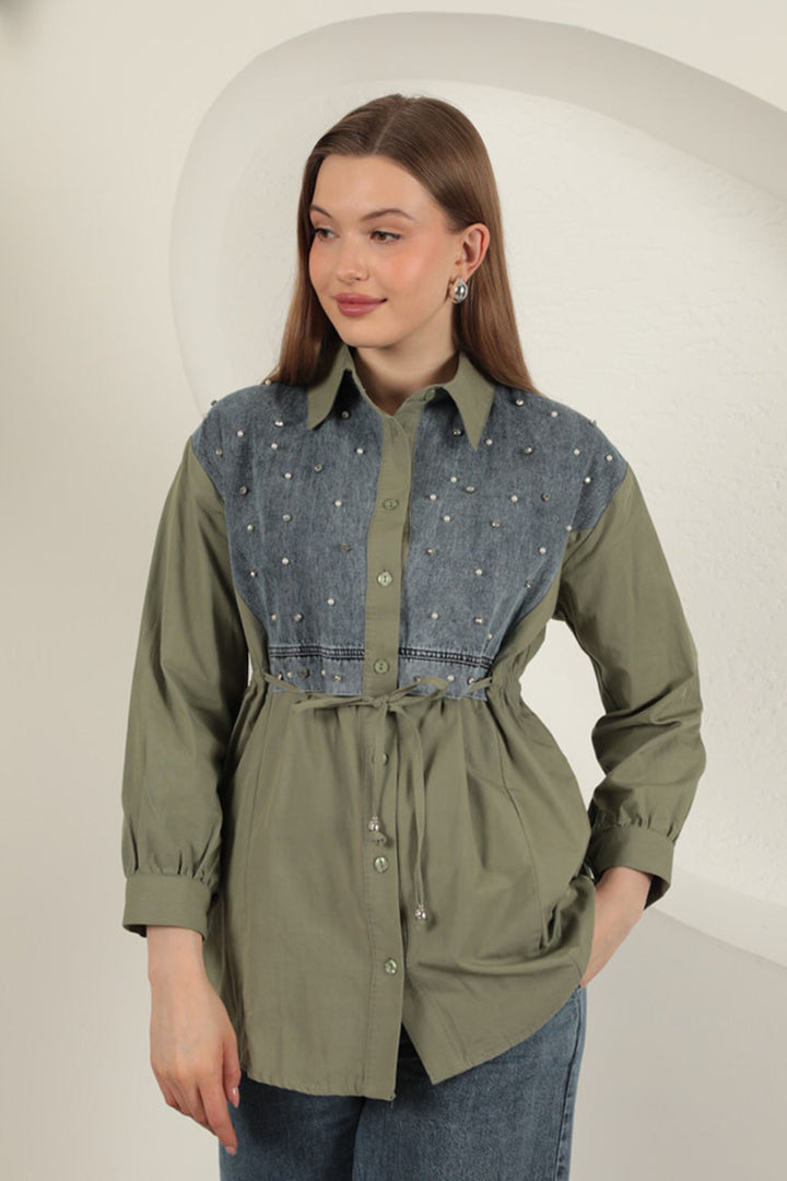 KKT Poplin Fabric Front Pearl Detailed Khaki Women's Shirt - Shawnee