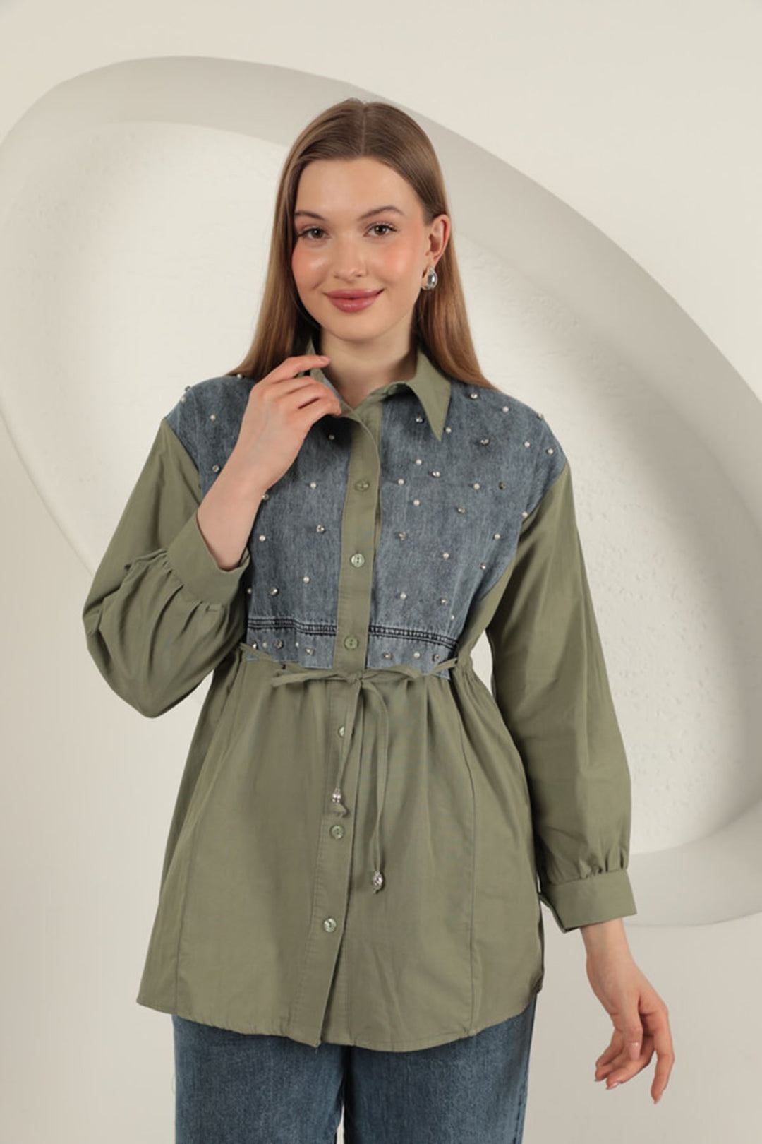 KKT Poplin Fabric Front Pearl Detailed Khaki Women's Shirt - Shawnee